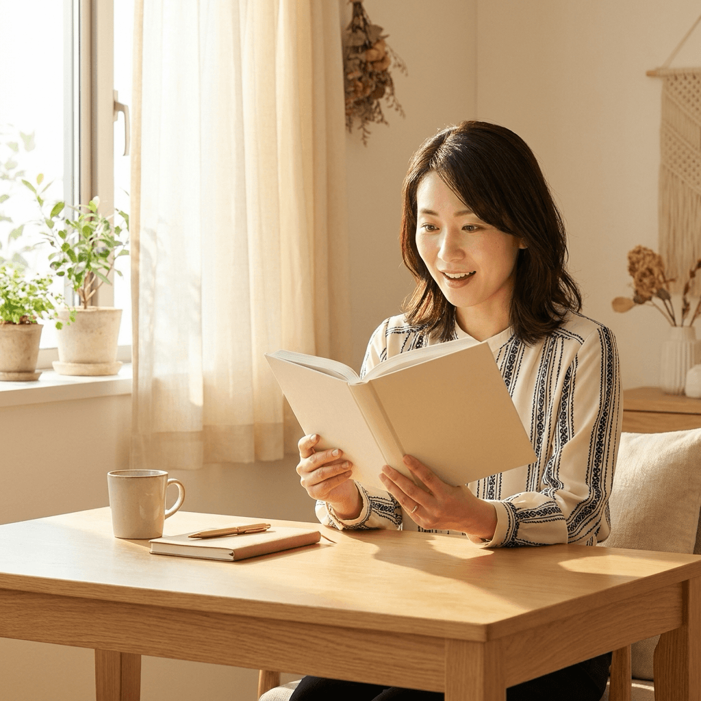 明るい窓辺で新しい本を開いて微笑む女性（リスキリングのイメージ）
