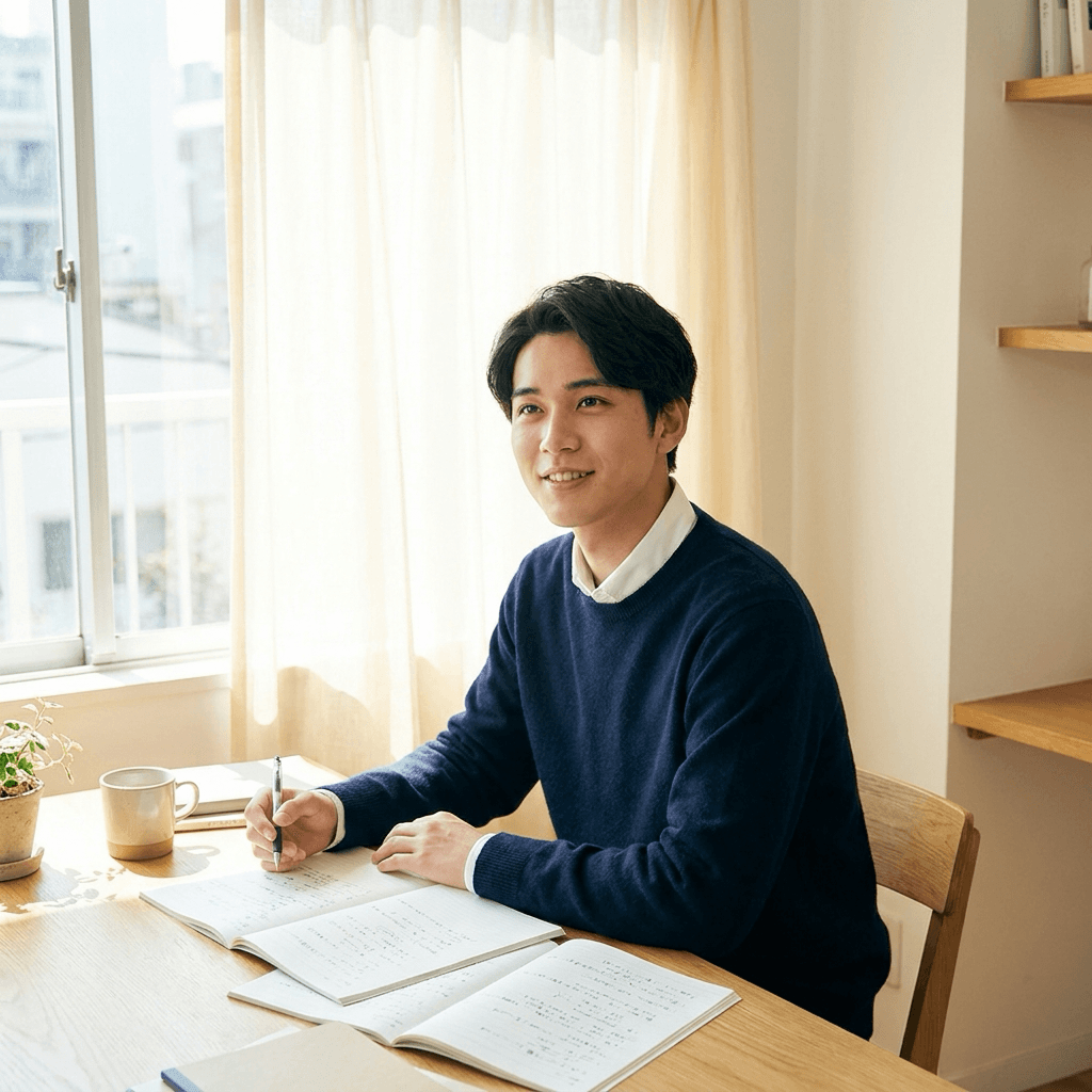 朝の窓辺でノートに向かい微笑む男子高校生（受験・資格取得のイメージ）